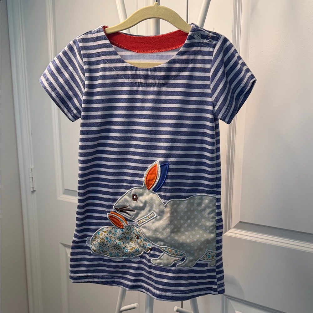 Striped Blue and White Kids Dress with Rabbit Design 3T
